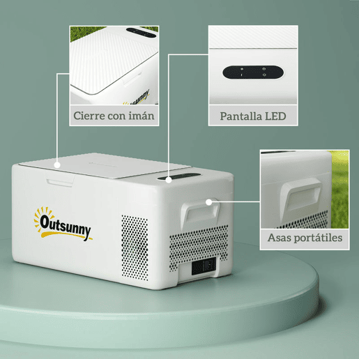 Outsunny Geleira Portátil Elétrica 16,8L Geleira de Carro 12V-220V Mini Geleira com Compressor Luz LED Ecrã Digital Modos ECO e MAX de -20? a +20? para Casa Campismo Viagens Automóvel 59x32x26 cm Creme