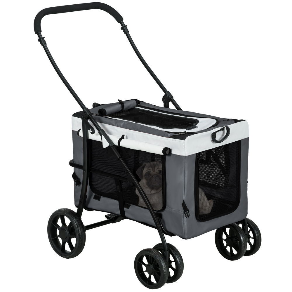 Pawhut carrito para perros 4 en 1, cochecito para perros plegable, transportín para mascotas con vagón desmontable, cojín, carga 10 kg, para pequeños, gris