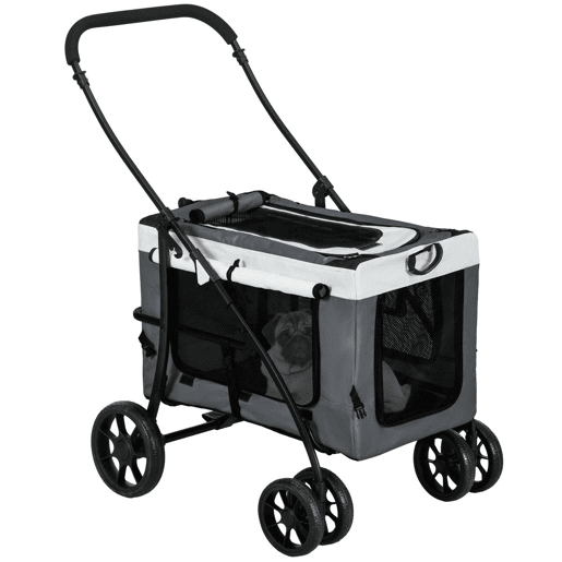 PawHut Carrinho para Animais de Estimação Carrinho para Cães Dobrável com Compartimento Desmontável 4 Portas com Fecho de Correr 2 Correias de Segurança e de Transporte 81x58x97,5 cm Cinza