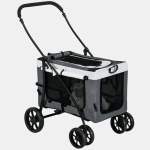 PawHut Carrinho para Animais de Estimação Carrinho para Cães Dobrável com Compartimento Desmontável 4 Portas com Fecho de Correr 2 Correias de Segurança e de Transporte 81x58x97,5 cm Cinza