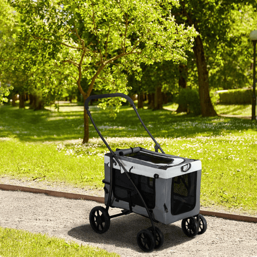 PawHut Carrinho para Animais de Estimação Carrinho para Cães Dobrável com Compartimento Desmontável 4 Portas com Fecho de Correr 2 Correias de Segurança e de Transporte 81x58x97,5 cm Cinza