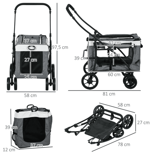 PawHut Carrinho para Animais de Estimação Carrinho para Cães Dobrável com Compartimento Desmontável 4 Portas com Fecho de Correr 2 Correias de Segurança e de Transporte 81x58x97,5 cm Cinza