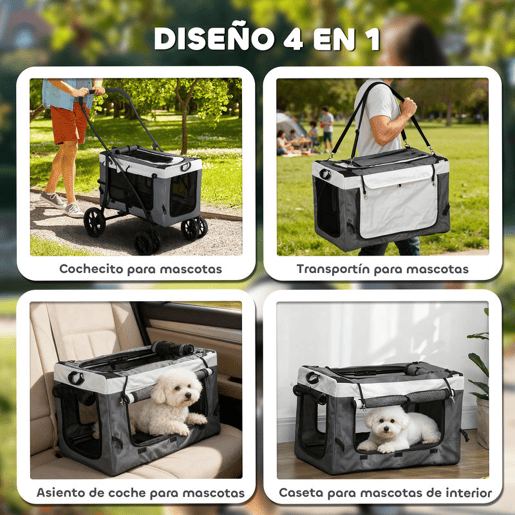 PawHut Carrinho para Animais de Estimação Carrinho para Cães Dobrável com Compartimento Desmontável 4 Portas com Fecho de Correr 2 Correias de Segurança e de Transporte 81x58x97,5 cm Cinza