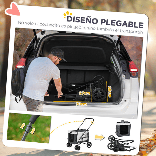PawHut Carrinho para Animais de Estimação Carrinho para Cães Dobrável com Compartimento Desmontável 4 Portas com Fecho de Correr 2 Correias de Segurança e de Transporte 81x58x97,5 cm Cinza