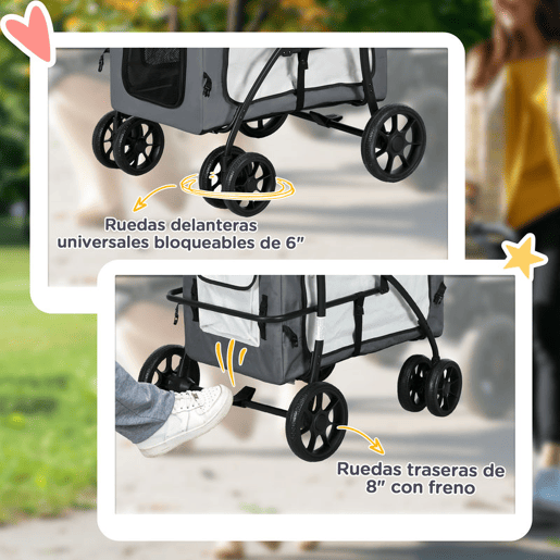 PawHut Carrinho para Animais de Estimação Carrinho para Cães Dobrável com Compartimento Desmontável 4 Portas com Fecho de Correr 2 Correias de Segurança e de Transporte 81x58x97,5 cm Cinza