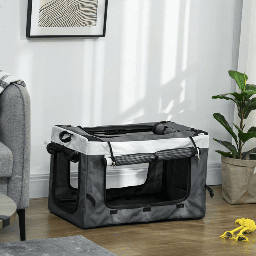 PawHut Carrinho para Animais de Estimação Carrinho para Cães Dobrável com Compartimento Desmontável 4 Portas com Fecho de Correr 2 Correias de Segurança e de Transporte 81x58x97,5 cm Cinza