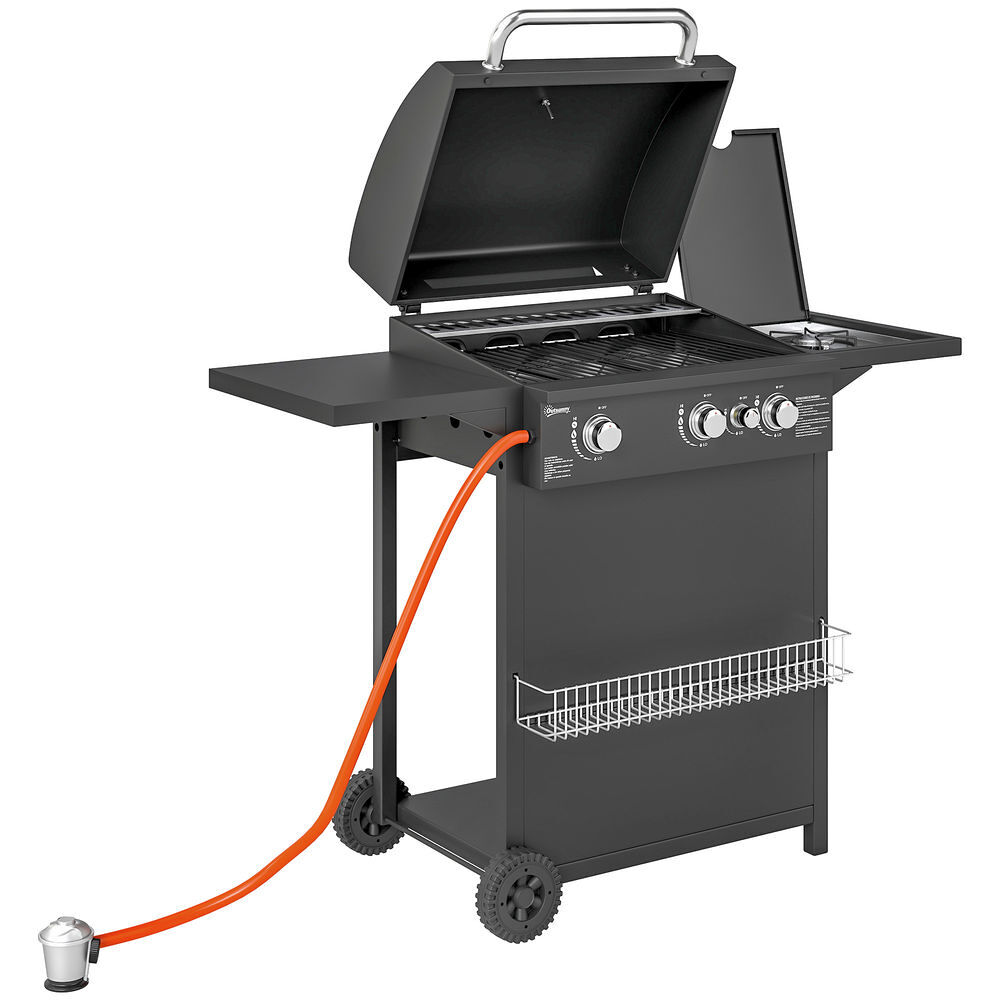 Outsunny barbacoa de gas bbq gas con 3+1 quemadores 8,5 kw barbacoa portátil con termómetro mesa lateral parrilla recogedor de grasa 2 ruedas para jardín exterior camping negro