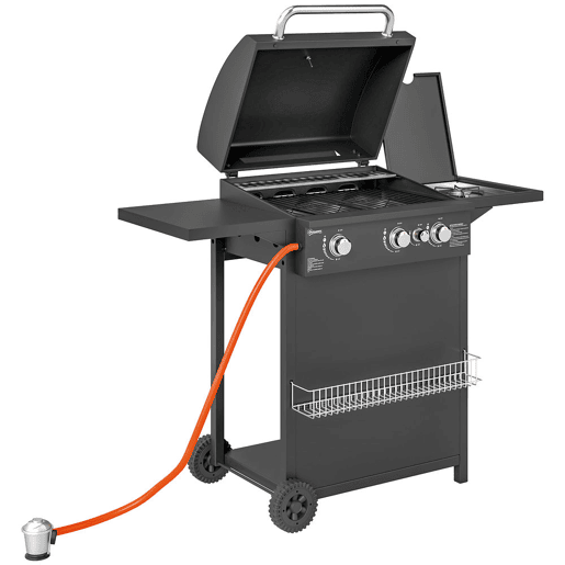 Outsunny Barbecue a Gás com 3+1 Queimadores 8,5 kW Barbecue Portátil com Termómetro Mesa Lateral Grelha Recolhedor de Gordura 2 Rodas para Jardim Exterior Campismo 123x57x98 cm Preto