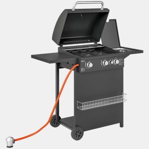 Outsunny Barbecue a Gás com 3+1 Queimadores 8,5 kW Barbecue Portátil com Termómetro Mesa Lateral Grelha Recolhedor de Gordura 2 Rodas para Jardim Exterior Campismo 123x57x98 cm Preto