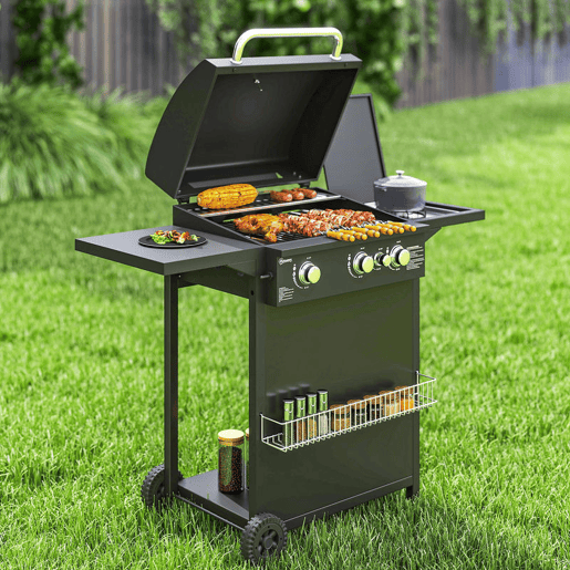 Outsunny Barbecue a Gás com 3+1 Queimadores 8,5 kW Barbecue Portátil com Termómetro Mesa Lateral Grelha Recolhedor de Gordura 2 Rodas para Jardim Exterior Campismo 123x57x98 cm Preto