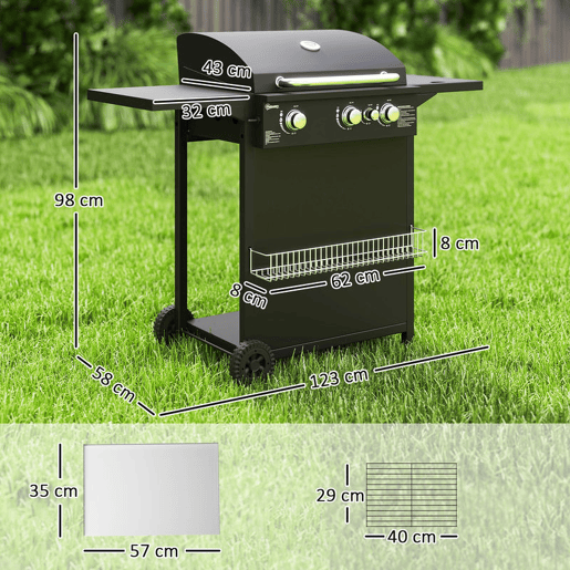 Outsunny Barbecue a Gás com 3+1 Queimadores 8,5 kW Barbecue Portátil com Termómetro Mesa Lateral Grelha Recolhedor de Gordura 2 Rodas para Jardim Exterior Campismo 123x57x98 cm Preto