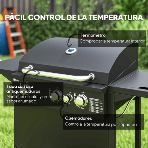 Outsunny Barbecue a Gás com 3+1 Queimadores 8,5 kW Barbecue Portátil com Termómetro Mesa Lateral Grelha Recolhedor de Gordura 2 Rodas para Jardim Exterior Campismo 123x57x98 cm Preto
