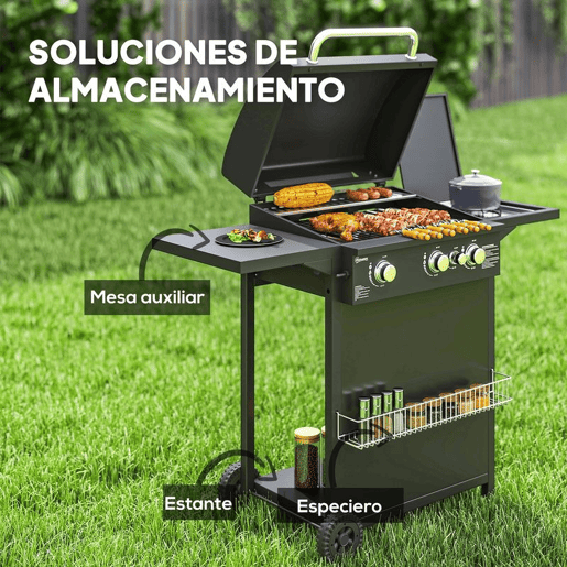 Outsunny Barbecue a Gás com 3+1 Queimadores 8,5 kW Barbecue Portátil com Termómetro Mesa Lateral Grelha Recolhedor de Gordura 2 Rodas para Jardim Exterior Campismo 123x57x98 cm Preto