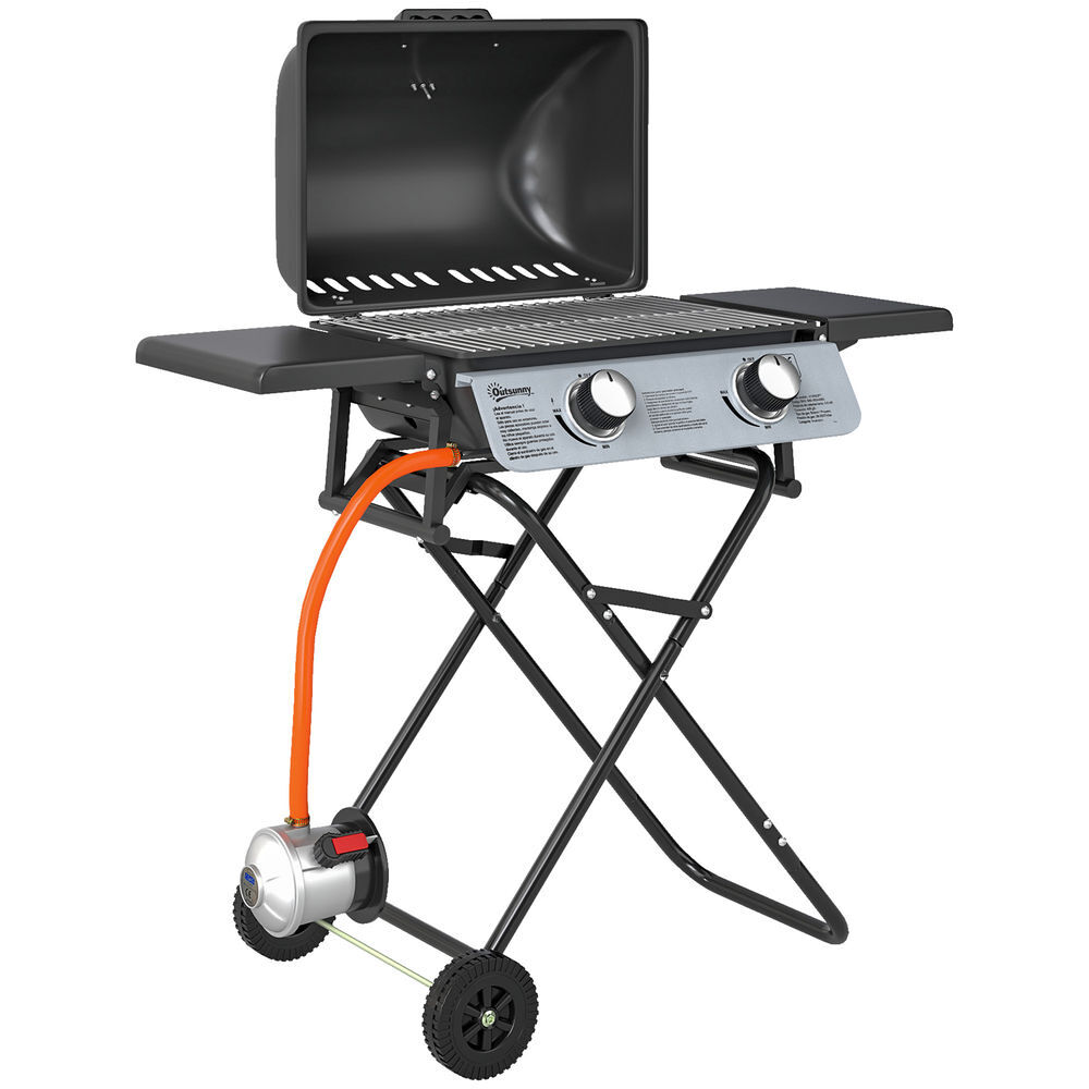 Outsunny barbacoa de gas con 2 quemadores de acero inoxidable 5,6 kw barbacoa portátil con mesas laterales plegables bandeja extraíble termómetro y 2 ruedas para pícnic camping 101x50x102 cm negro