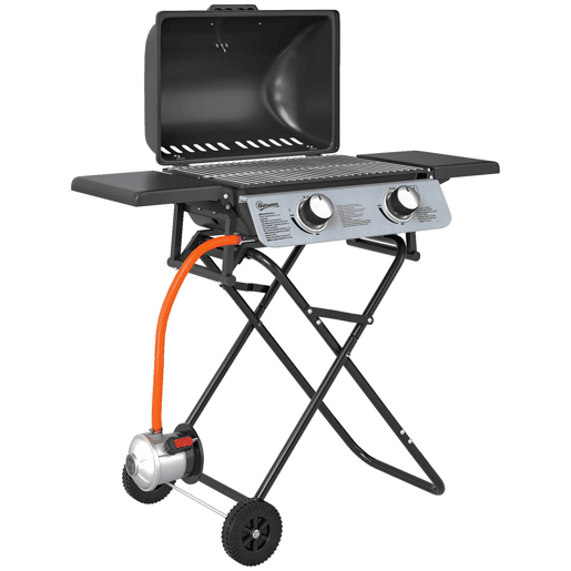 Outsunny Grelhador a Gás com 2 Queimadores de Aço Inoxidável 5,6 KW Grelhador Portátil com Mesas Laterais Dobráveis, Bandeja Removível, Termómetro e 2 Rodas para Piqueniques e Campismo 101x50x102 cm Preto