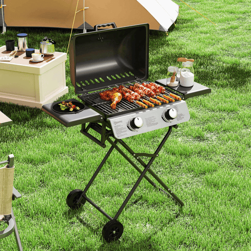 Outsunny Grelhador a Gás com 2 Queimadores de Aço Inoxidável 5,6 KW Grelhador Portátil com Mesas Laterais Dobráveis, Bandeja Removível, Termómetro e 2 Rodas para Piqueniques e Campismo 101x50x102 cm Preto