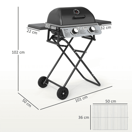 Outsunny Grelhador a Gás com 2 Queimadores de Aço Inoxidável 5,6 KW Grelhador Portátil com Mesas Laterais Dobráveis, Bandeja Removível, Termómetro e 2 Rodas para Piqueniques e Campismo 101x50x102 cm Preto
