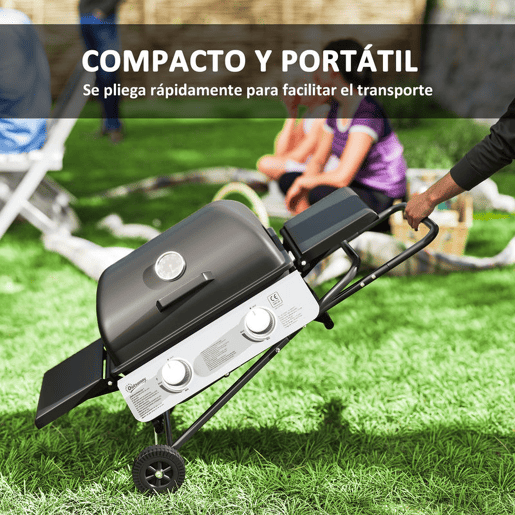 Outsunny Grelhador a Gás com 2 Queimadores de Aço Inoxidável 5,6 KW Grelhador Portátil com Mesas Laterais Dobráveis, Bandeja Removível, Termómetro e 2 Rodas para Piqueniques e Campismo 101x50x102 cm Preto