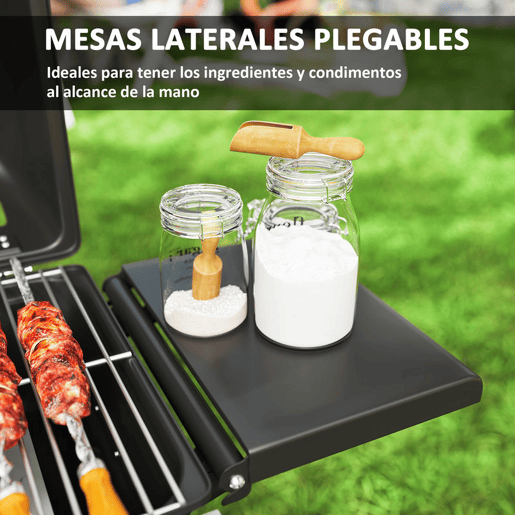 Outsunny Grelhador a Gás com 2 Queimadores de Aço Inoxidável 5,6 KW Grelhador Portátil com Mesas Laterais Dobráveis, Bandeja Removível, Termómetro e 2 Rodas para Piqueniques e Campismo 101x50x102 cm Preto