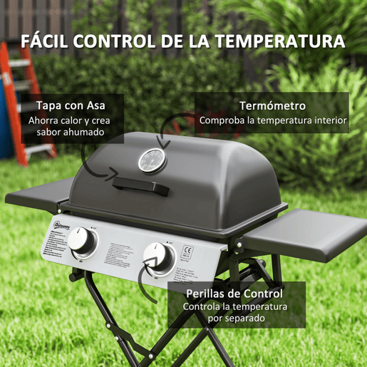 Outsunny Grelhador a Gás com 2 Queimadores de Aço Inoxidável 5,6 KW Grelhador Portátil com Mesas Laterais Dobráveis, Bandeja Removível, Termómetro e 2 Rodas para Piqueniques e Campismo 101x50x102 cm Preto