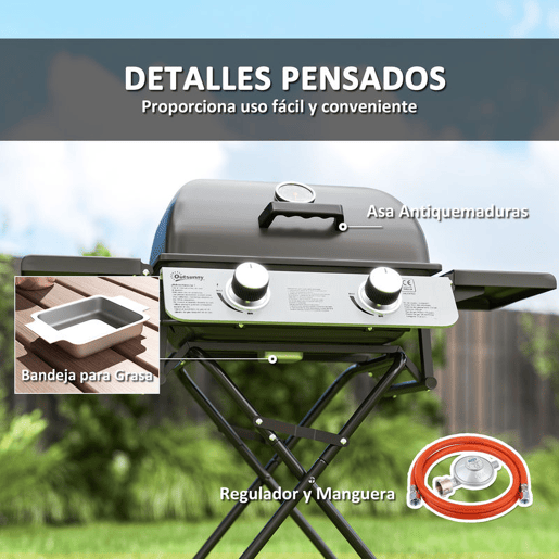 Outsunny Grelhador a Gás com 2 Queimadores de Aço Inoxidável 5,6 KW Grelhador Portátil com Mesas Laterais Dobráveis, Bandeja Removível, Termómetro e 2 Rodas para Piqueniques e Campismo 101x50x102 cm Preto
