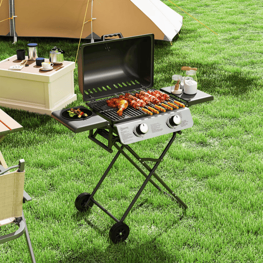 Outsunny Grelhador a Gás com 2 Queimadores de Aço Inoxidável 5,6 KW Grelhador Portátil com Mesas Laterais Dobráveis, Bandeja Removível, Termómetro e 2 Rodas para Piqueniques e Campismo 101x50x102 cm Preto