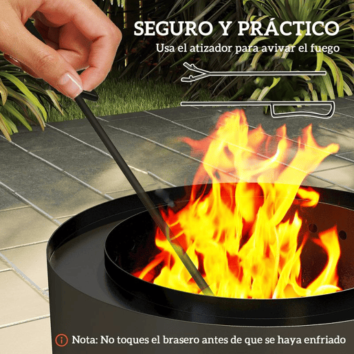 Outsunny Braseiro Exterior Redondo Ø45x42 cm de Aço Braseiro de Jardim com Bandeja para Cinzas e Atizador Protetor de Faíscas para Parque de Campismo Pátio Preto