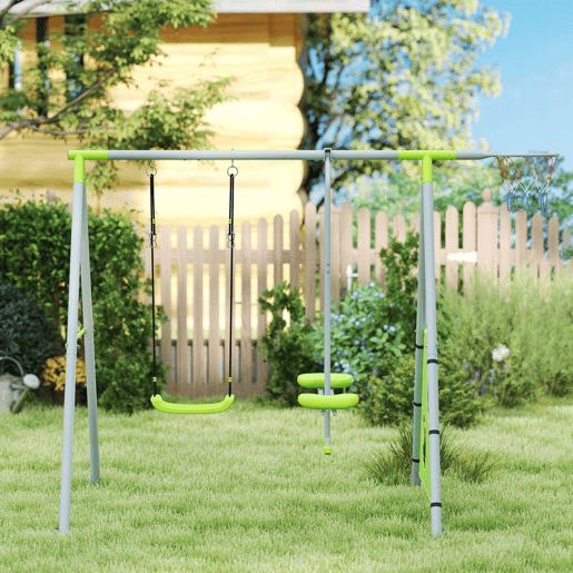 AIYAPLAY Baloiços para Crianças de +3 Anos 4 em 1 Baloiços Jardim Exterior com Baloiço Planador Baliza de Futbol e Aro de Basquetebol Verde