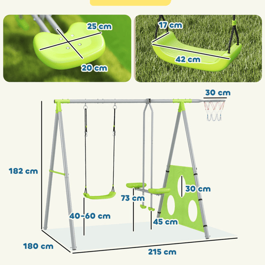 AIYAPLAY Baloiços para Crianças de +3 Anos 4 em 1 Baloiços Jardim Exterior com Baloiço Planador Baliza de Futbol e Aro de Basquetebol Verde