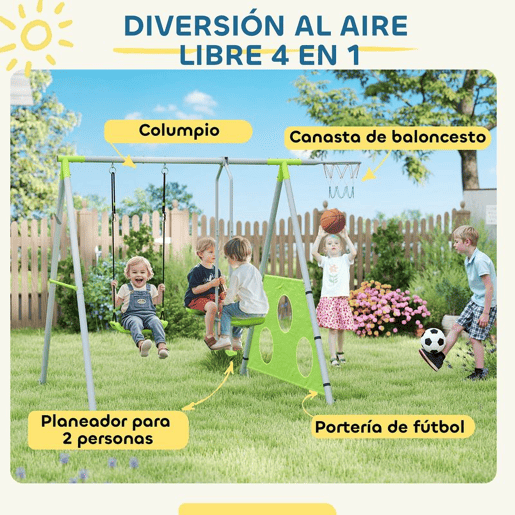 AIYAPLAY Baloiços para Crianças de +3 Anos 4 em 1 Baloiços Jardim Exterior com Baloiço Planador Baliza de Futbol e Aro de Basquetebol Verde