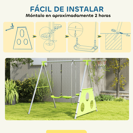 AIYAPLAY Baloiços para Crianças de +3 Anos 4 em 1 Baloiços Jardim Exterior com Baloiço Planador Baliza de Futbol e Aro de Basquetebol Verde