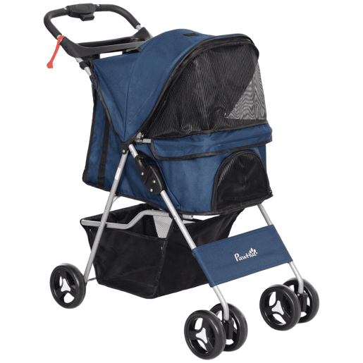 PawHut Carrinho para Animais de Estimação Dobrável para Cães com Capô Ajustável Cesta de Armazenamento e Rodas com Freio Tecido Oxford Estrutura de Aço 74x46x94 cm Azul Escuro