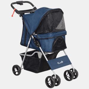 PawHut Carrinho para Animais de Estimação Dobrável para Cães com Capô Ajustável Cesta de Armazenamento e Rodas com Freio Tecido Oxford Estrutura de Aço 74x46x94 cm Azul Escuro
