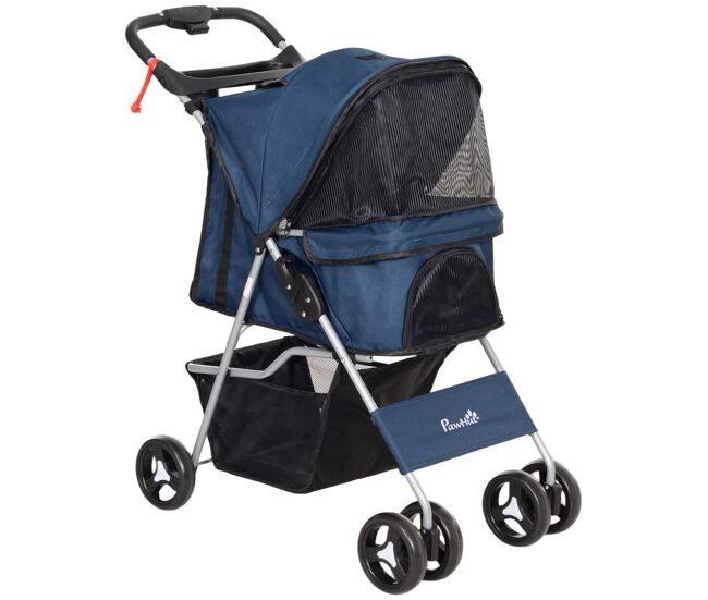 Pawhut carrito para perros plegable cochecito para mascotas carrito para perros pequeños con toldo ajustable cesta de almacenaje 2 ruedas universales