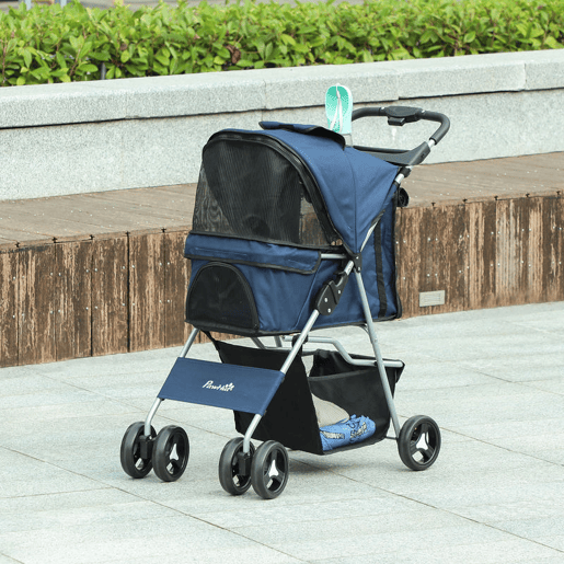 PawHut Carrinho para Animais de Estimação Dobrável para Cães com Capô Ajustável Cesta de Armazenamento e Rodas com Freio Tecido Oxford Estrutura de Aço 74x46x94 cm Azul Escuro