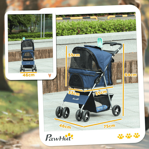 PawHut Carrinho para Animais de Estimação Dobrável para Cães com Capô Ajustável Cesta de Armazenamento e Rodas com Freio Tecido Oxford Estrutura de Aço 74x46x94 cm Azul Escuro