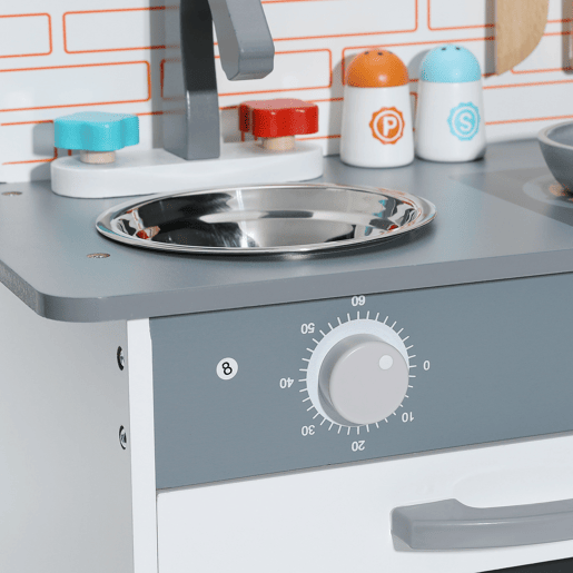 Cozinha multifuncional infantil - Oryxearth-40x24.5x50cm - madeira - espátula e panela - cinza
