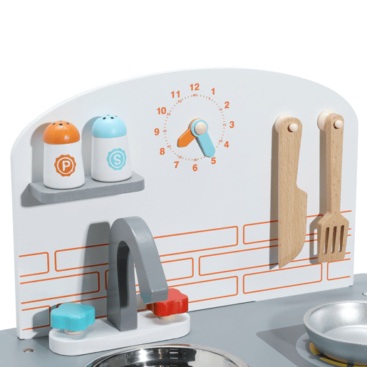 Cozinha multifuncional infantil - Oryxearth-40x24.5x50cm - madeira - espátula e panela - cinza