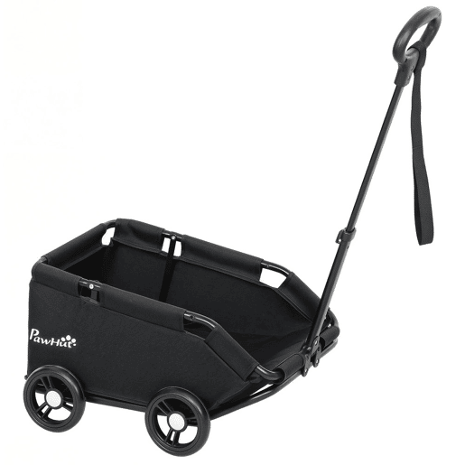 PawHut Carrinho para Cães Dobrável Carrinho para Animais de Estimação Carrinho para Cães Miniatura com Barra de Empurre Ajustável Desenho Aberto Almofada Bolsa de Armazenamento e Rodas 53x45x28 cm Preto