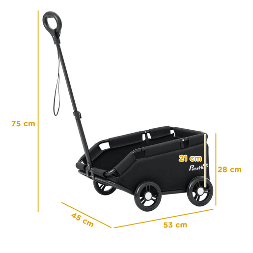 PawHut Carrinho para Cães Dobrável Carrinho para Animais de Estimação Carrinho para Cães Miniatura com Barra de Empurre Ajustável Desenho Aberto Almofada Bolsa de Armazenamento e Rodas 53x45x28 cm Preto