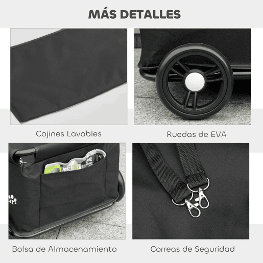 PawHut Carrinho para Cães Dobrável Carrinho para Animais de Estimação Carrinho para Cães Miniatura com Barra de Empurre Ajustável Desenho Aberto Almofada Bolsa de Armazenamento e Rodas 53x45x28 cm Preto