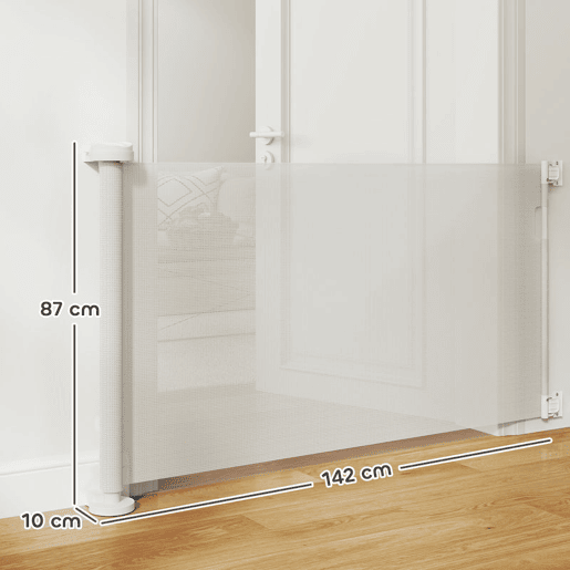 PawHut Barreira de Segurança para Cães Retrátil 0-136 cm Barreira para Cães Pequenos Extensível com Botão de Fecho Porta de Segurança para Corredores Escadas Interiores e Exteriores Branco