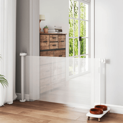 PawHut Barreira de Segurança para Cães Retrátil 0-136 cm Barreira para Cães Pequenos Extensível com Botão de Fecho Porta de Segurança para Corredores Escadas Interiores e Exteriores Branco