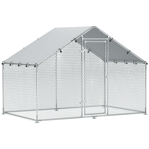 PawHut Galinheiro Exterior Grande 3x1,7x1,9 m em Aço Galvanizado com Porta de Duplo Fecho, Cobertura em Tecido Oxford Anti-UV e Impermeável, Design Acessível para 5-8 Galinhas ou Coelhos Prateado