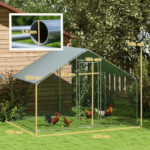 PawHut Galinheiro Exterior Grande 3x1,7x1,9 m em Aço Galvanizado com Porta de Duplo Fecho, Cobertura em Tecido Oxford Anti-UV e Impermeável, Design Acessível para 5-8 Galinhas ou Coelhos Prateado