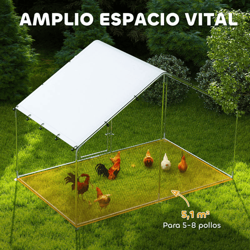 PawHut Galinheiro Exterior Grande 3x1,7x1,9 m em Aço Galvanizado com Porta de Duplo Fecho, Cobertura em Tecido Oxford Anti-UV e Impermeável, Design Acessível para 5-8 Galinhas ou Coelhos Prateado