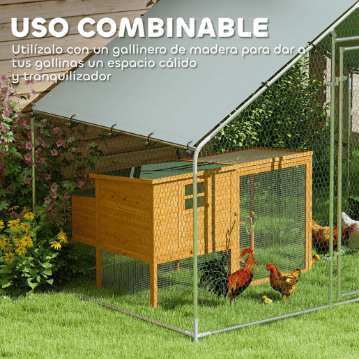 PawHut Galinheiro Exterior Grande 3x1,7x1,9 m em Aço Galvanizado com Porta de Duplo Fecho, Cobertura em Tecido Oxford Anti-UV e Impermeável, Design Acessível para 5-8 Galinhas ou Coelhos Prateado