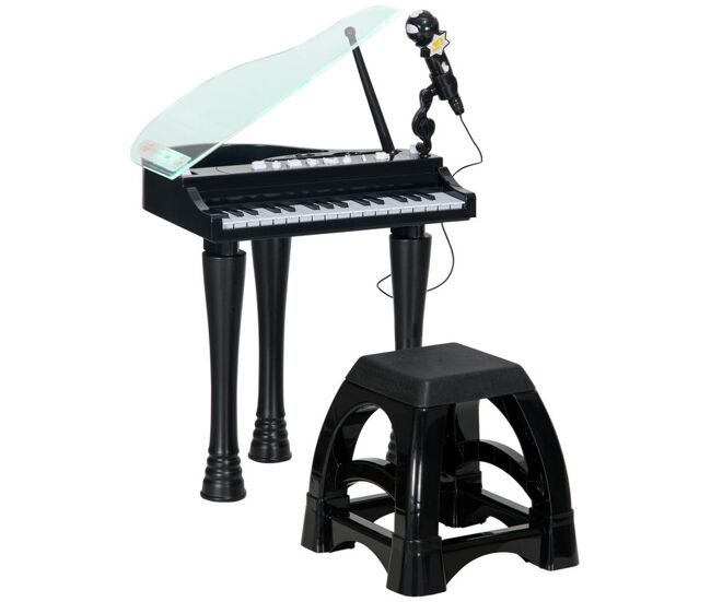 Aiyaplay piano electrónico infantil de 32 teclas juego de piano con micrófono taburete luces 22 canciones 4 sonidos patas desmontables y volumen ajustable 37x30,5x60,4 cm negro