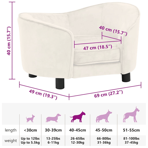 vidaXL Sofá para cães 69x49x40 cm pelúcia cor creme