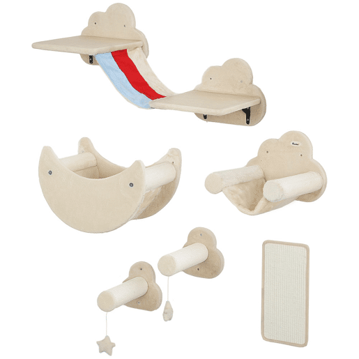 PawHut Conjunto de Prateleiras de Escalada para Gatos de 6 Peças Tema Céu Prateleiras para Gatos com Redes Plataformas Escadas Tábua de Arranhar Poste de Sisal e Estrelas de Brinquedo Bege